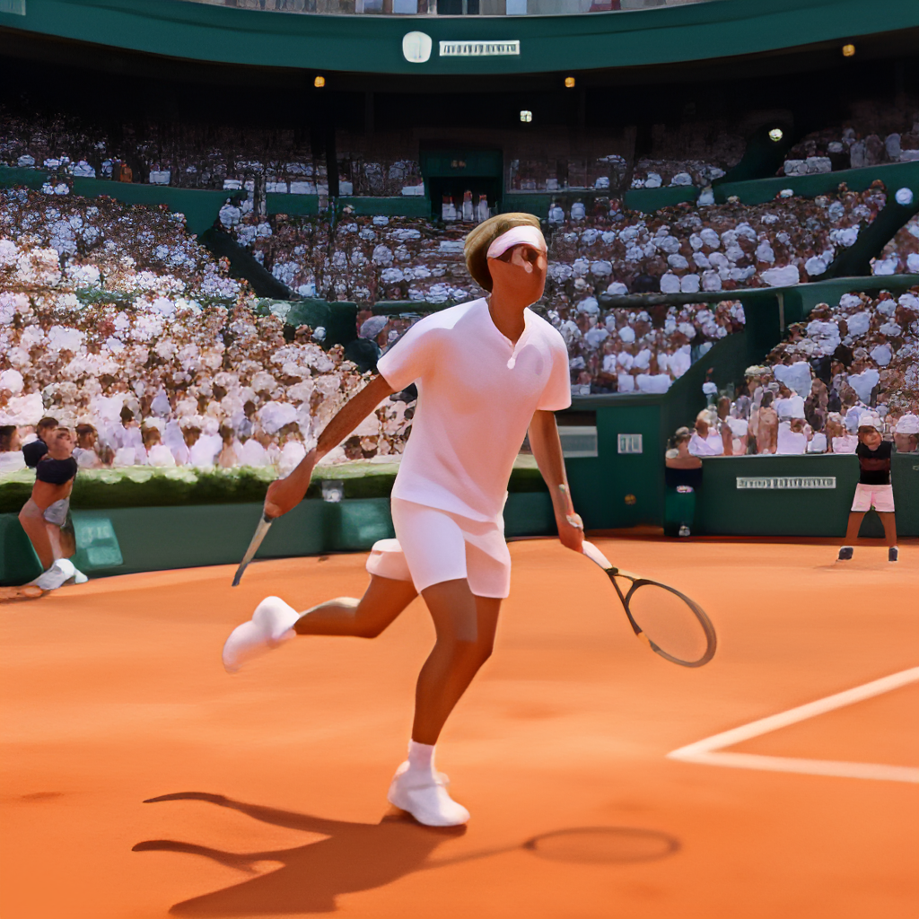 A wide shot of Jakub Mensik on a clay court during a match, showing his movement and positioning, with a focus on the red clay surface and a blurred background of spectators.