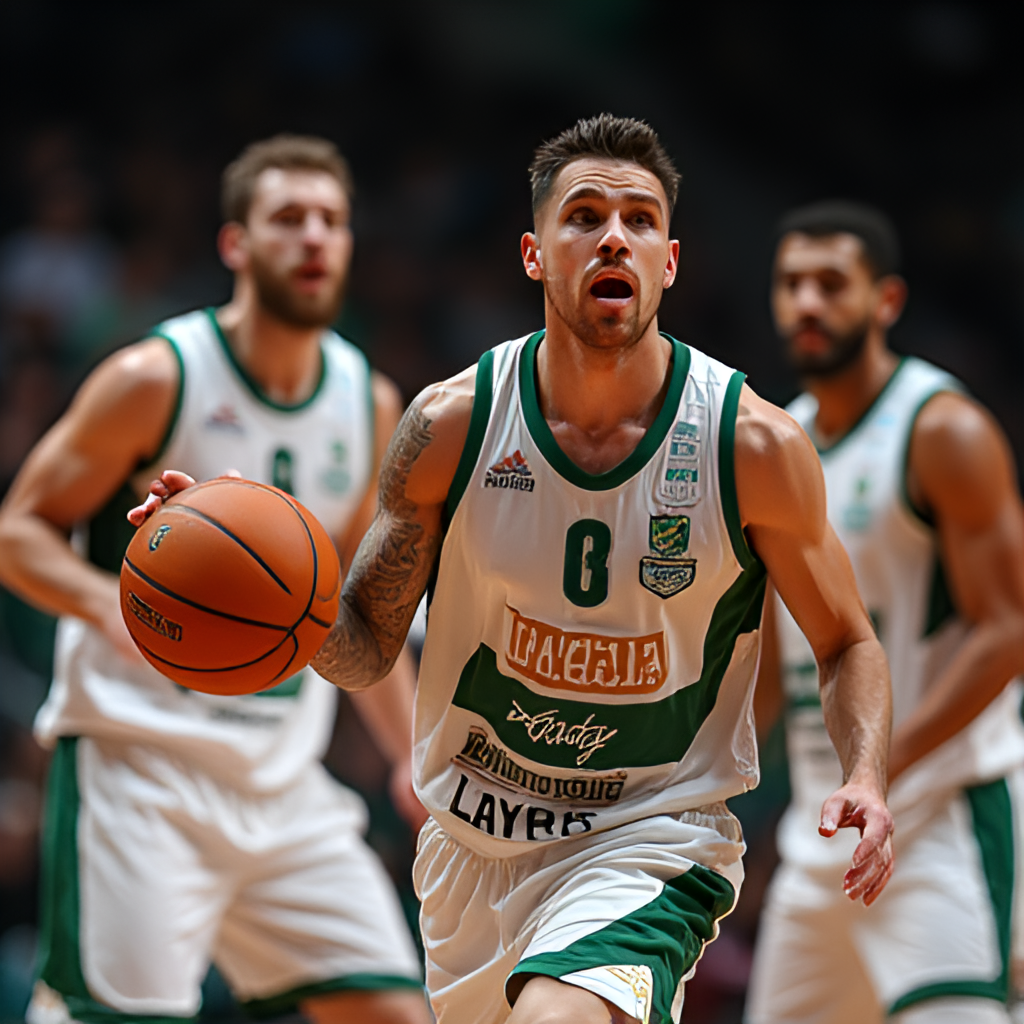 A close-up, action-oriented photo of a key Unicaja Baloncesto player, like Alberto Díaz or Kendrick Perry, driving to the basket or making a crucial shot, highlighting their focus and skill, possibly with blurred background of the crowd or arena.