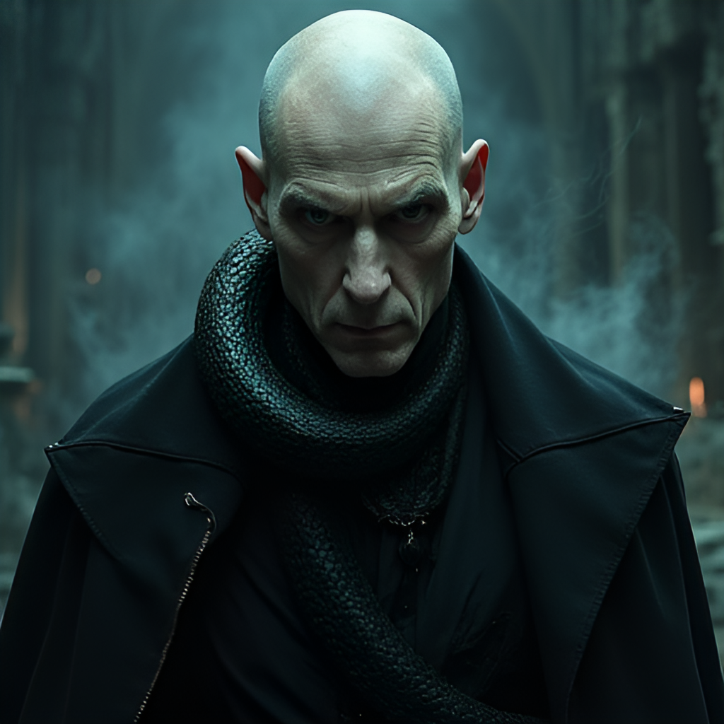 A dramatic illustration of Ralph Fiennes as Lord Voldemort from Harry Potter, emphasizing his snake-like features and menacing presence, possibly with a dark, magical background.