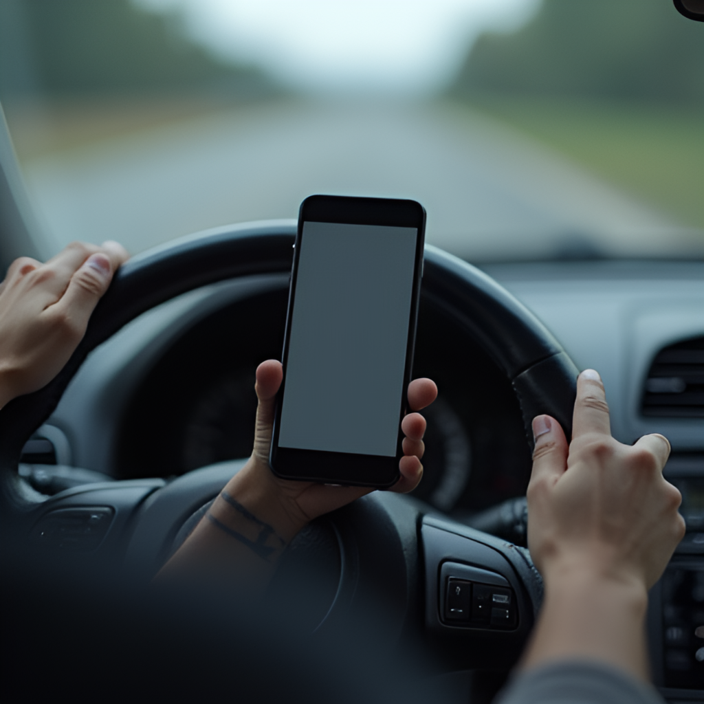 A close-up shot of hands on a steering wheel, with one hand reaching for a mobile phone, subtly illustrating the dangers of distracted driving. The background is blurred, showing a road ahead.