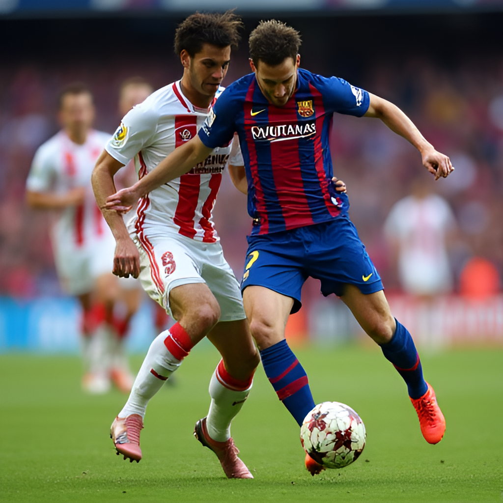 A dynamic close-up photo of Landry Farré making a defensive tackle or interception during a Barça Atlètic match, highlighting his intensity and skill, with a blurred football stadium background.