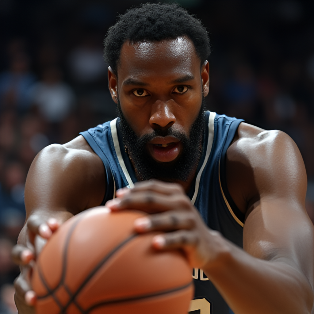 A close-up, intense portrait of Kawhi Leonard on the court, emphasizing his calm demeanor and large hands, possibly with a basketball in hand