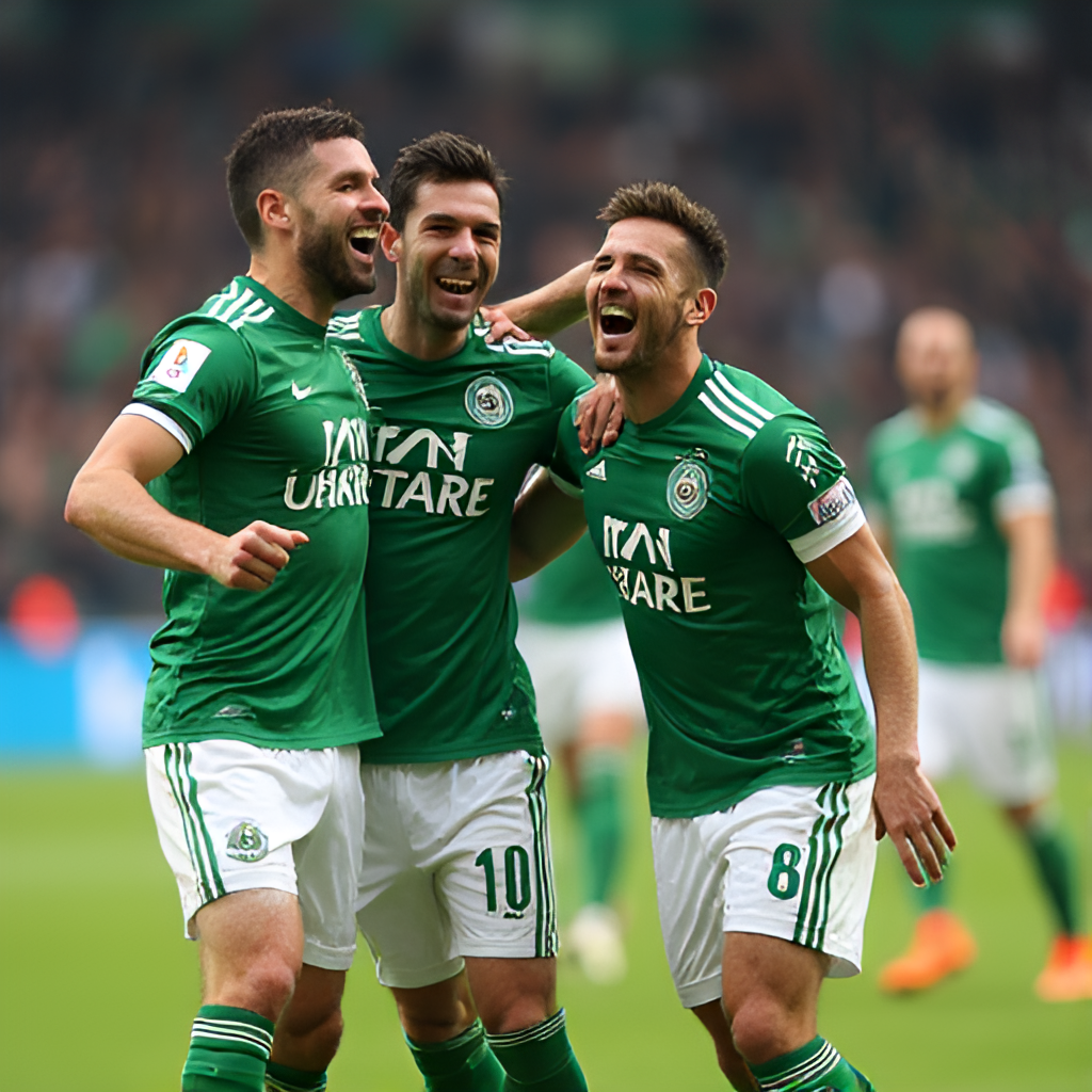 A dynamic action shot of Real Betis players celebrating a goal together on the field, showing teamwork and enthusiasm, with the crowd visible in the background.