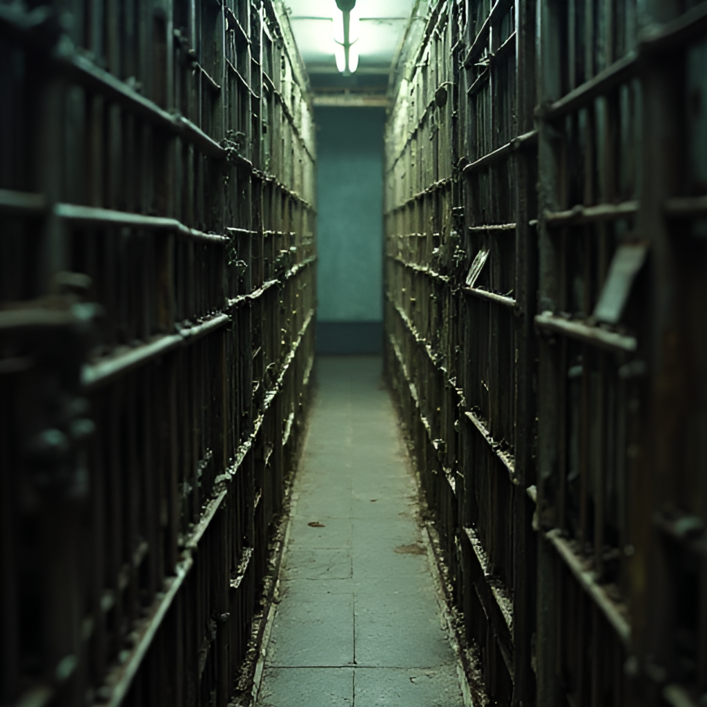 A close-up interior shot of a cell block inside Alcatraz prison, focusing on the narrow cells with their metal bars and worn surfaces, suggesting the harsh living conditions endured by inmates.