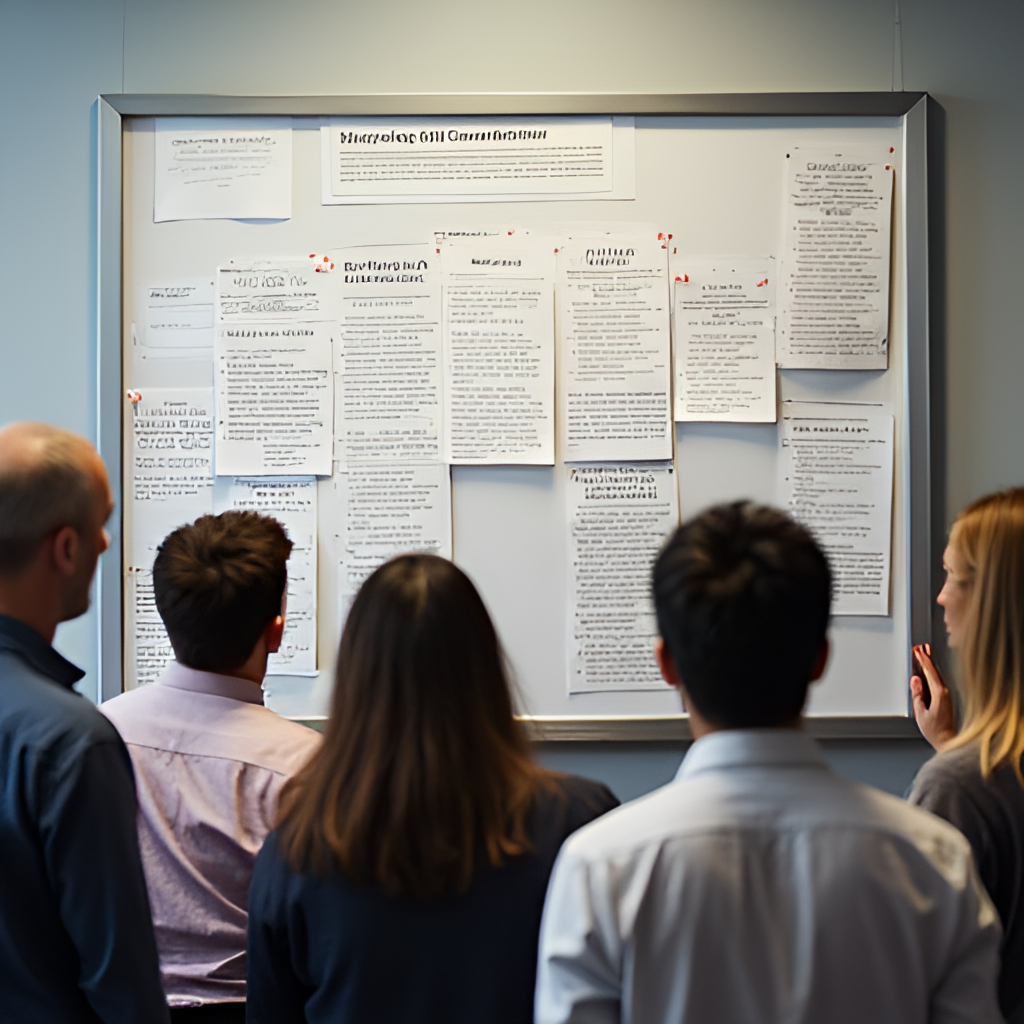 Image showing a diverse group of people looking at a bulletin board with mixed emotions, representing employees affected by a company restructuring or ERE announcement