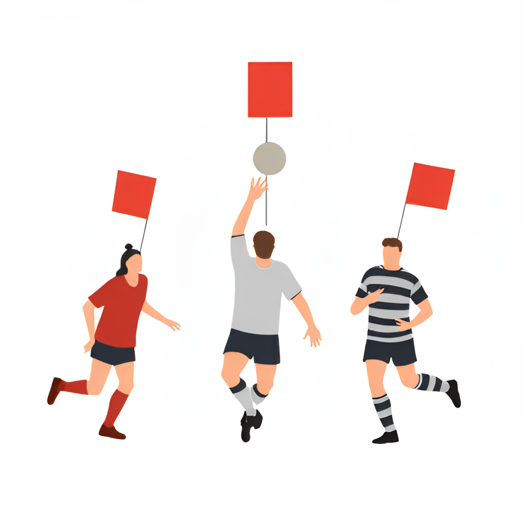 A graphic illustrating different sports (football, handball, rugby) showing a red card being used in each, symbolizing its universal application in sports.