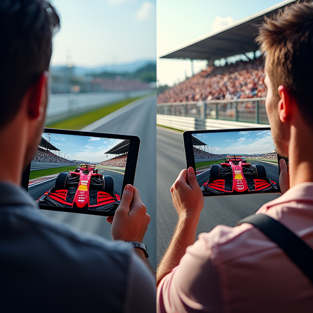 A split screen image showing a fan watching a Formula 1 race on a tablet at home and another fan cheering in a grandstand at a circuit, illustrating different ways to experience F1.
