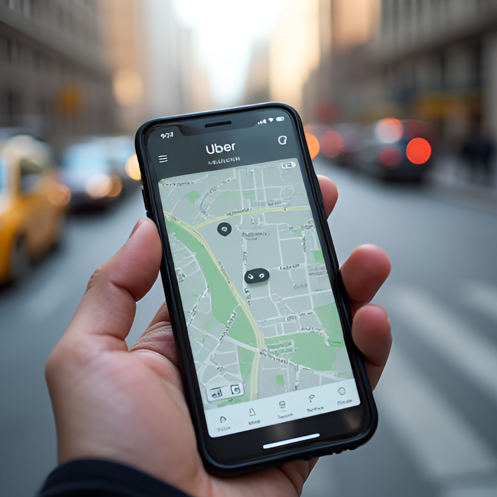 A close-up shot of a smartphone screen displaying the Uber app interface with a map showing a car icon approaching a pickup location, in a city street background during daytime, realistic style