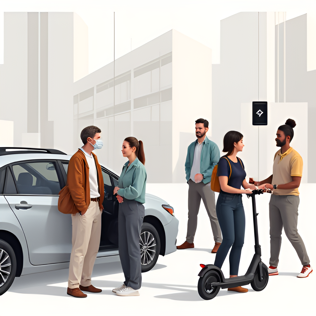 A diverse group of people (passengers and drivers) interacting positively with Uber services in different scenarios, like a passenger getting into a car, a delivery person on a scooter, emphasizing safety and convenience, photo-realistic illustration