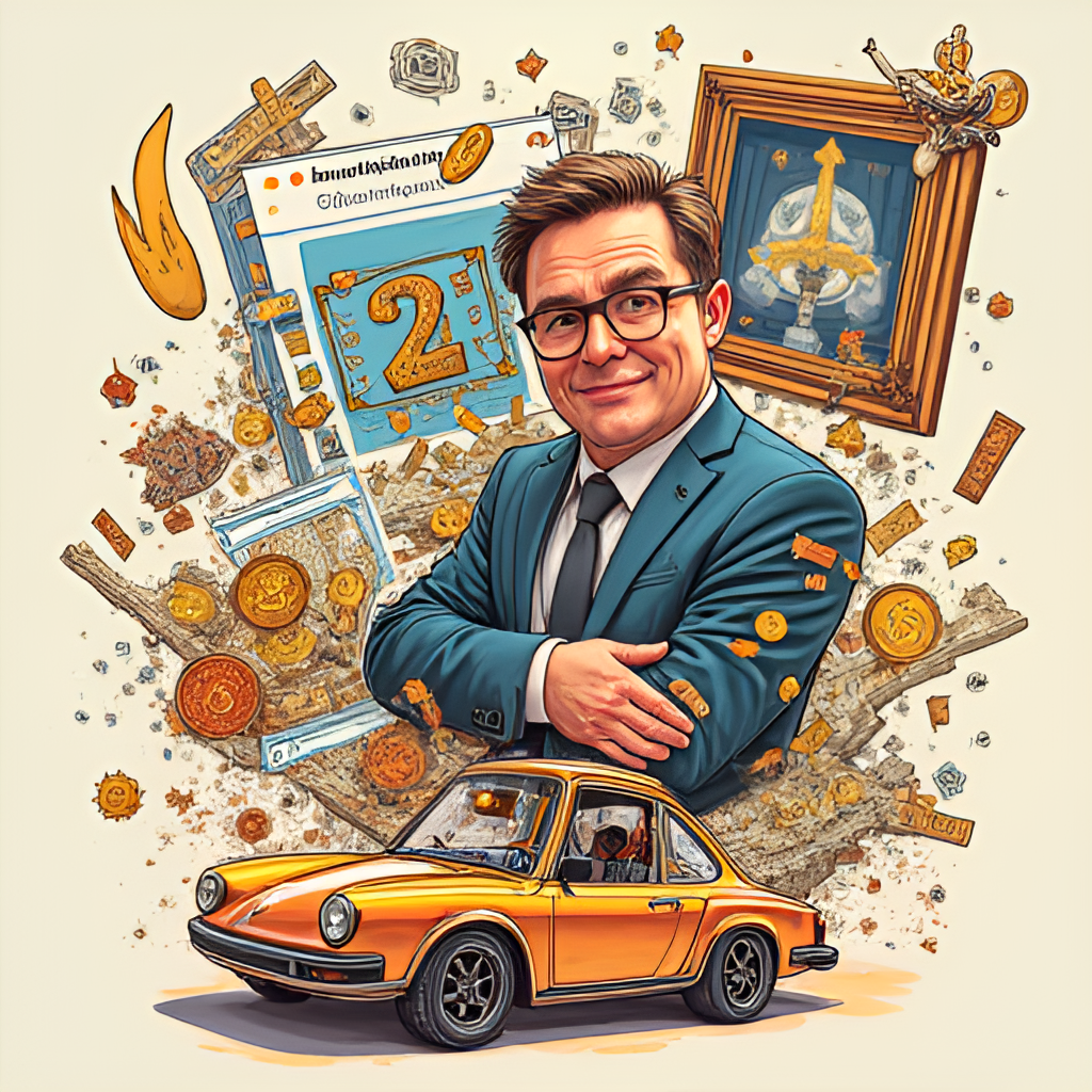 A vibrant, illustrative collage showing different facets of Hasbulla's life: a social media screenshot, a representation of cryptocurrency/NFTs, a small luxurious car or watch, and perhaps a map of Dagestan. Playful, dynamic style.