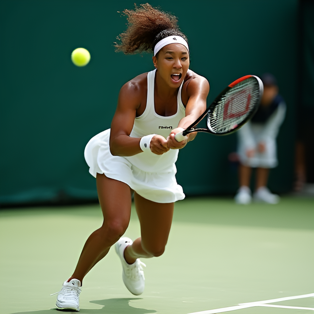 Dynamic, action-shot photograph of Naomi Osaka hitting a powerful forehand on a hard court during a Grand Slam tournament, capturing her intense focus and athletic form.