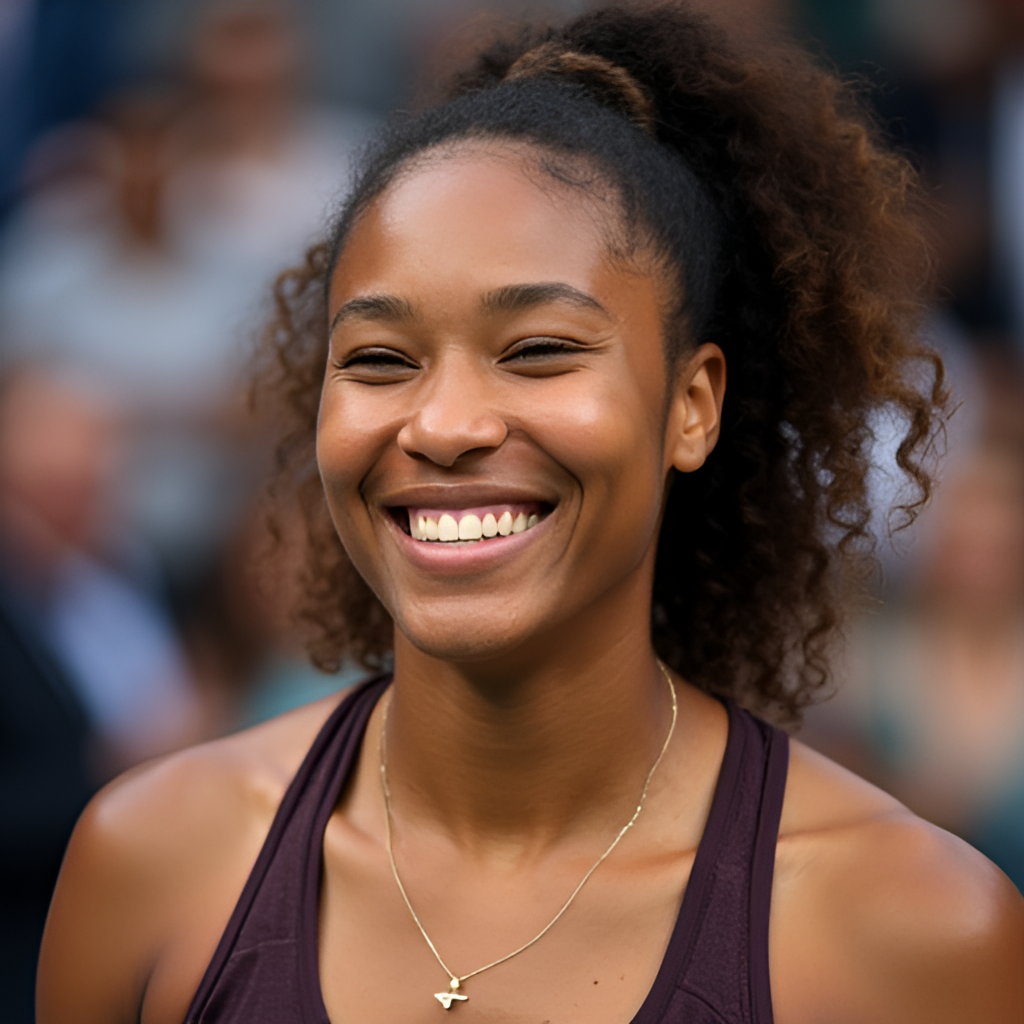 Portrait photograph of Naomi Osaka smiling warmly, perhaps off-court or at an event, conveying her personality and role as a cultural icon and advocate.