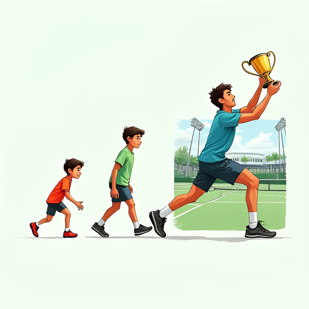 An illustrative image showing the progression of a tennis player's career, starting with a small figure watching a pro match, transitioning to a junior player winning a trophy, and ending with a professional player competing on a large stadium court, symbolizing the journey of Joao Fonseca.