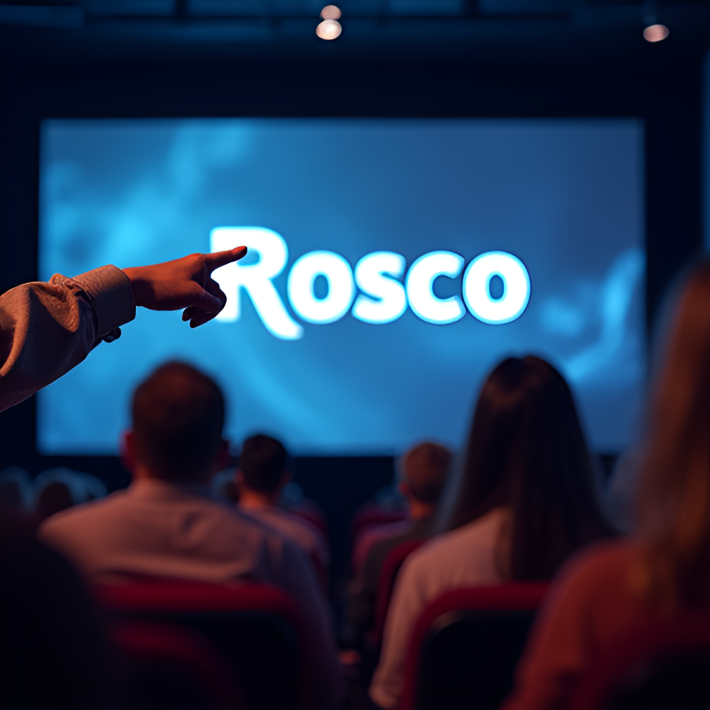 A photo-realistic image depicting a hand pointing at a letter on a large, high-tech digital screen displaying the Pasapalabra 'Rosco' in a TV studio setting, with audience seats blurred in the background.