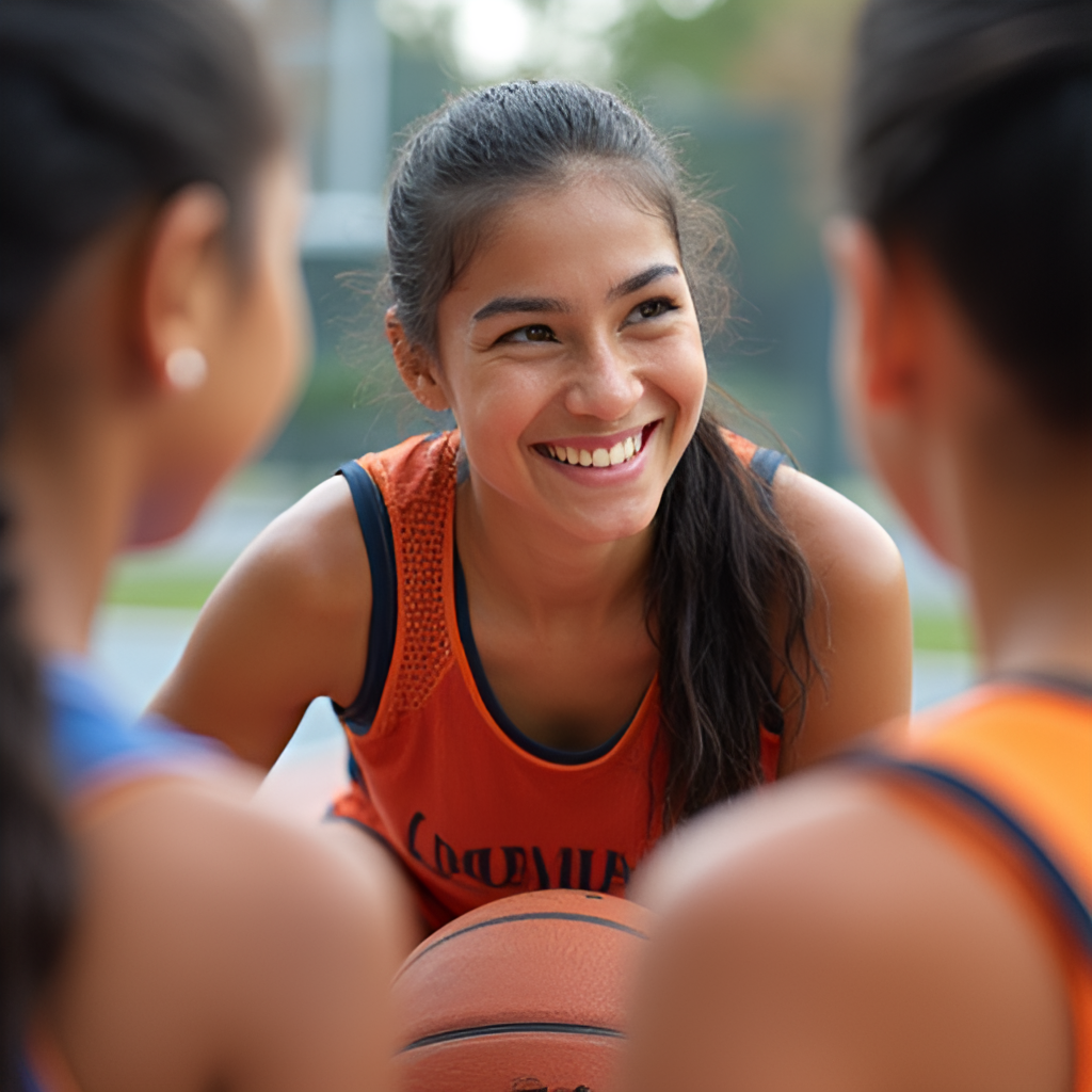 Amaya Valdemoro smiling and interacting with young players during a basketball clinic or event, showing her role as an ambassador.
