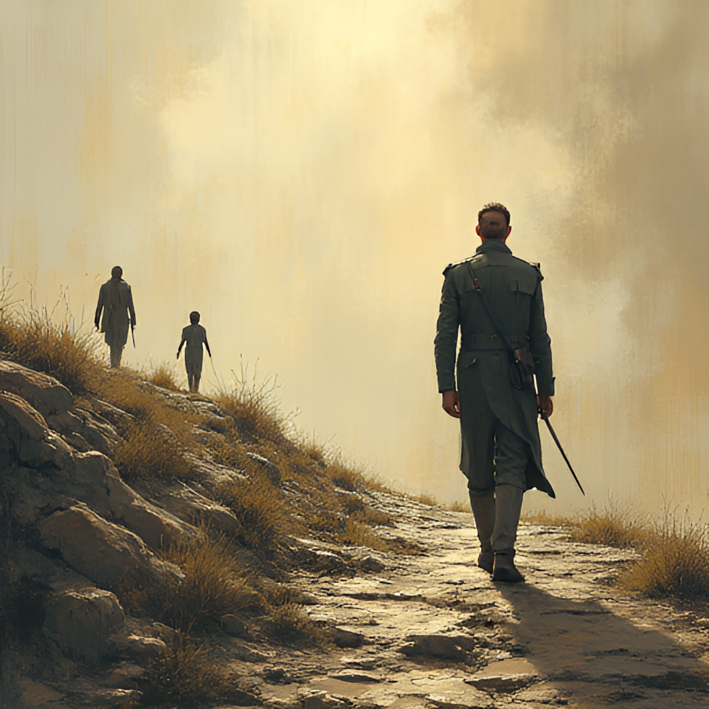 A symbolic illustration depicting the complex life of Ernesto de Hannover, perhaps showing a figure walking a rocky path with symbols representing his titles and historical background contrasted with elements suggesting media attention, health struggles (subtly implied), and family dynamics (perhaps silhouetted figures or abstract shapes representing relationships). The tone should be reflective rather than purely negative.