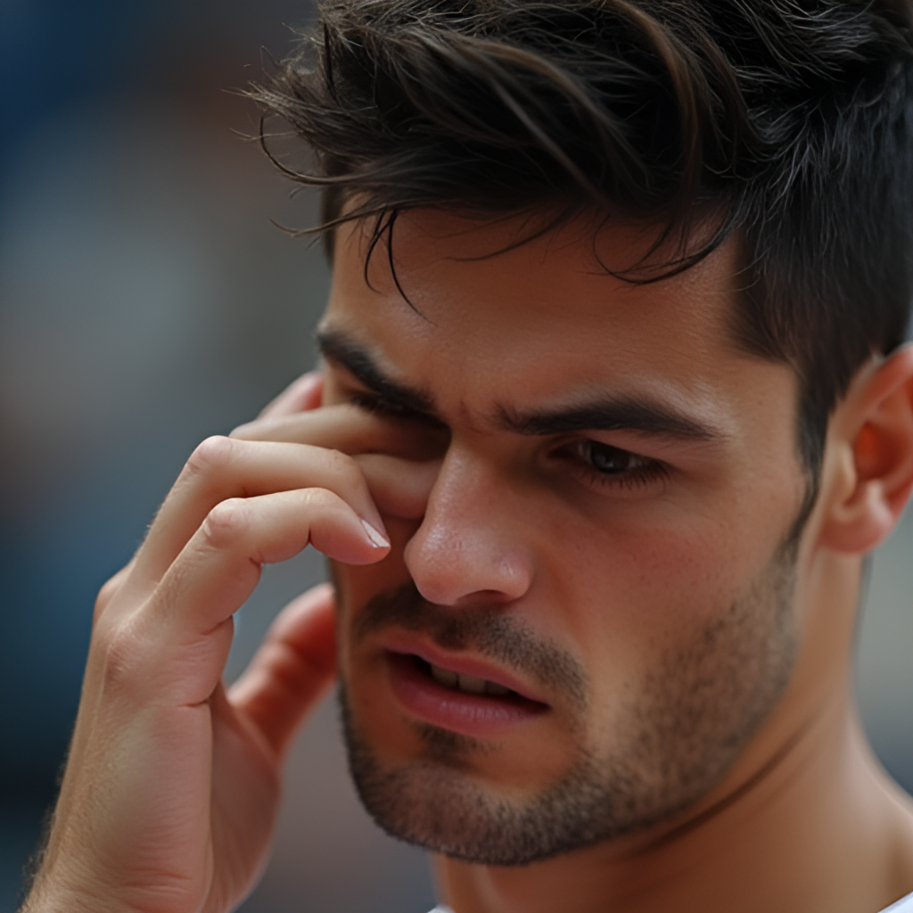 A close-up, candid photo showing Manu Pascual reacting emotionally during a tense moment on 'Pasapalabra', perhaps wiping away a tear or showing a look of intense concentration, capturing the human side of the competition.