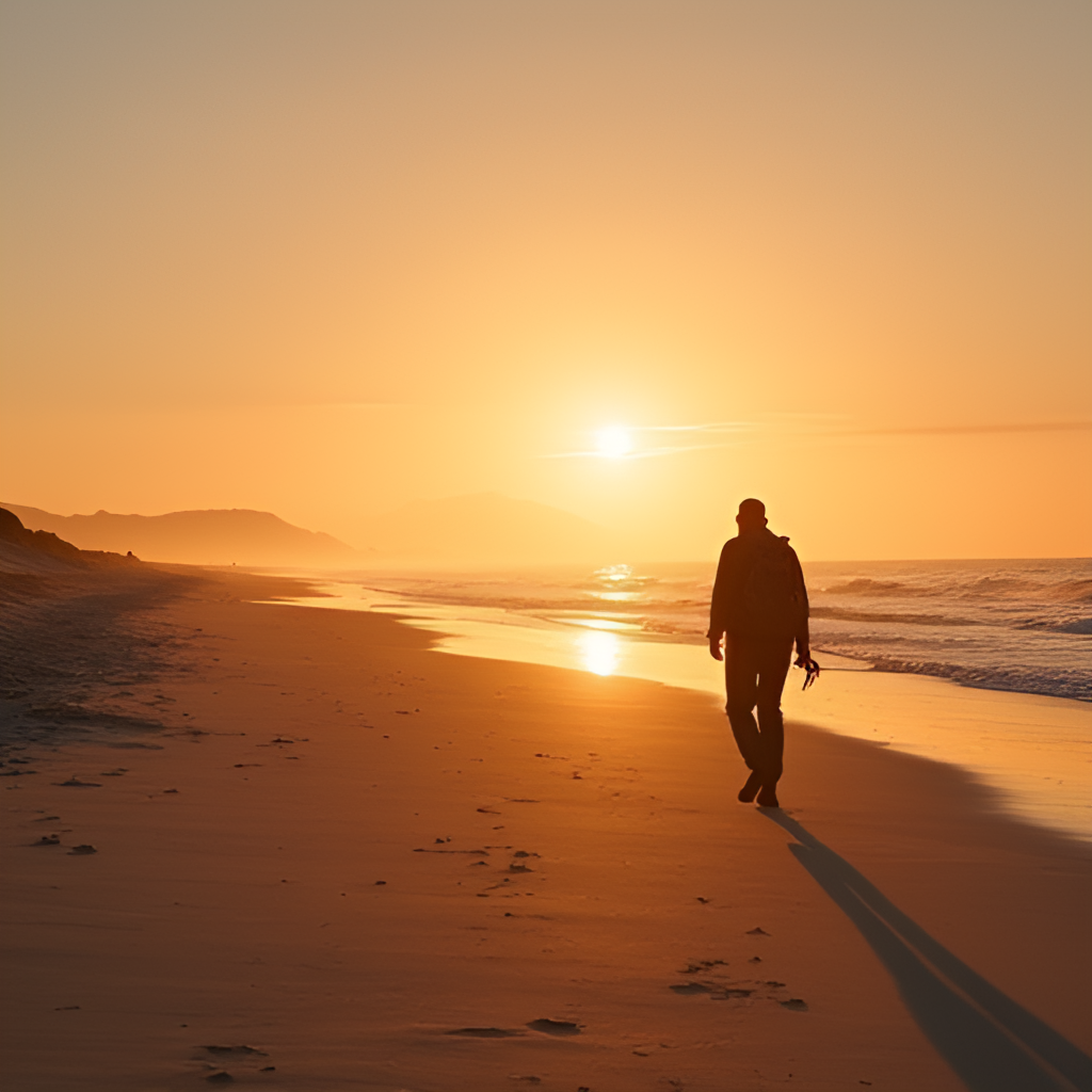 A wide shot of the Supervivientes beach at sunset, showing a solitary figure walking towards the sea with a backpack, symbolizing the departure or 'salida de la isla' after an expulsion. Warm, emotional lighting.