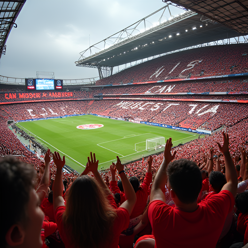 An evocative image of the stadium in Ibiza (Can Misses) filled with passionate fans, showing banners and supporters cheering intensely, highlighting the home advantage atmosphere for the return leg of the playoff.