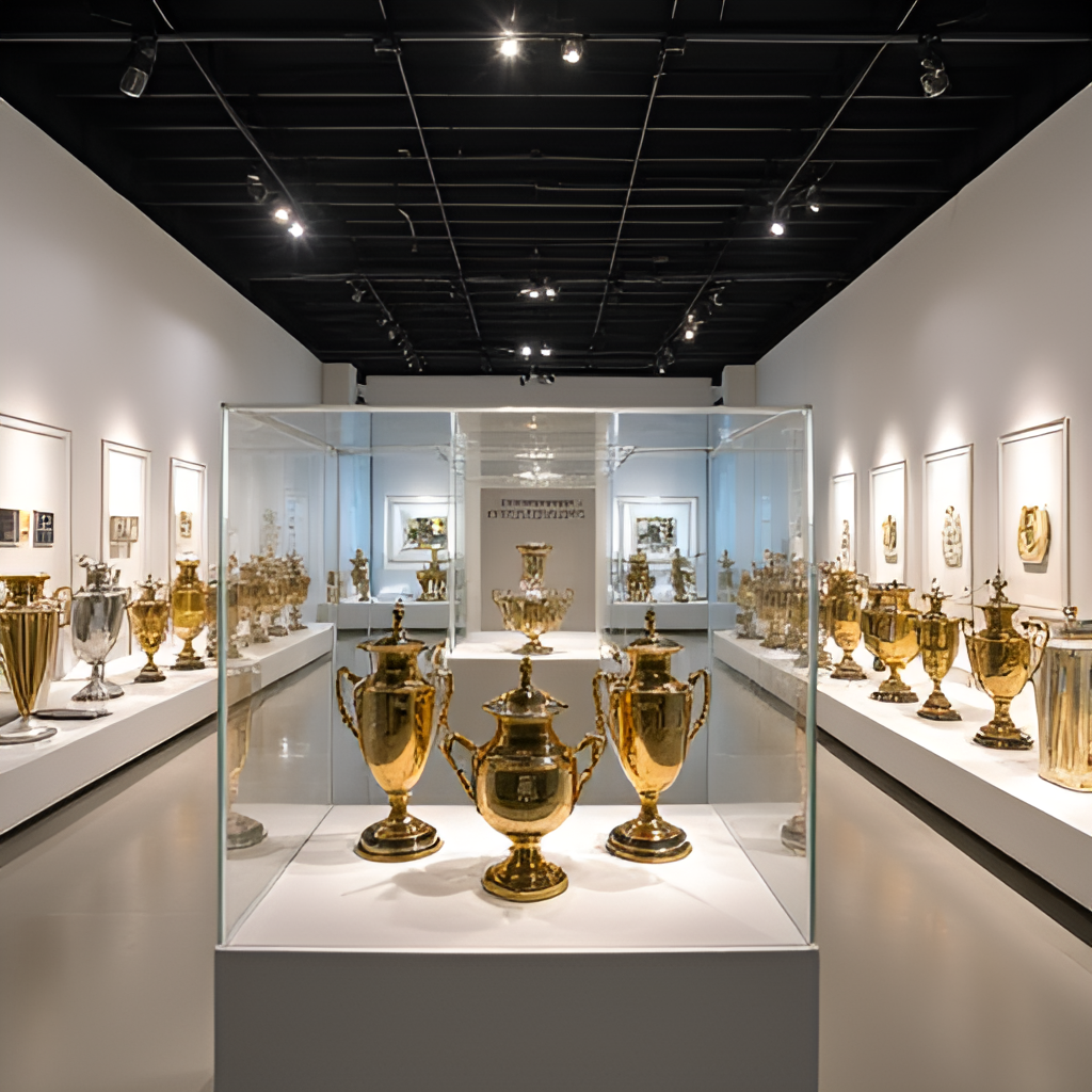 Interior view of the Santiago Bernabéu Museum, focusing on the display of Real Madrid's numerous trophies, particularly the European Cups/Champions Leagues.