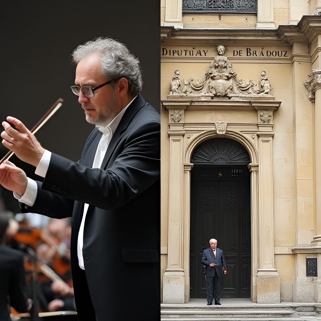 A split image: one side shows a conductor leading an orchestra, representing David Sánchez's musical career (David Azagra), and the other side shows a building facade labeled 'Diputación de Badajoz', representing his public role.