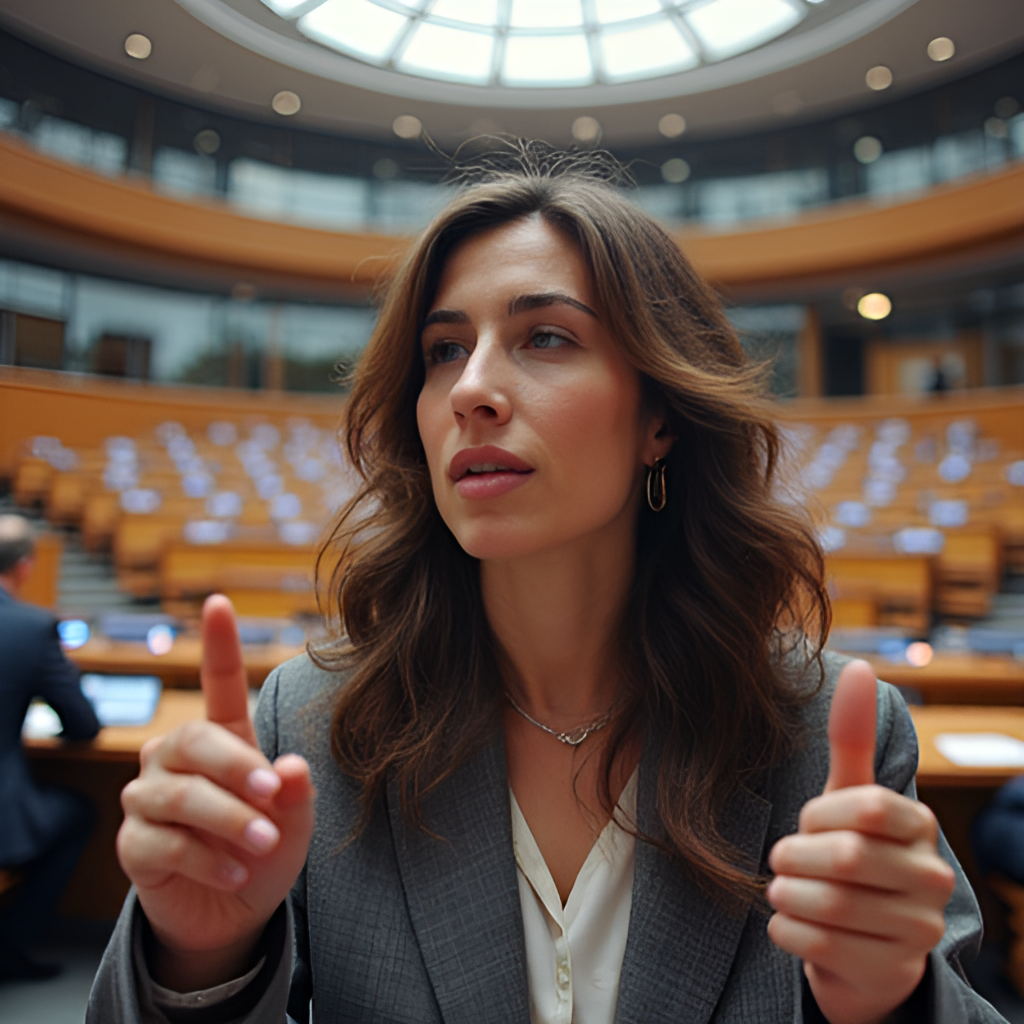 A dynamic image representing the European Parliament building or a committee meeting, illustrating the European political context where Soraya Rodríguez works. Focus on the scale and activity.