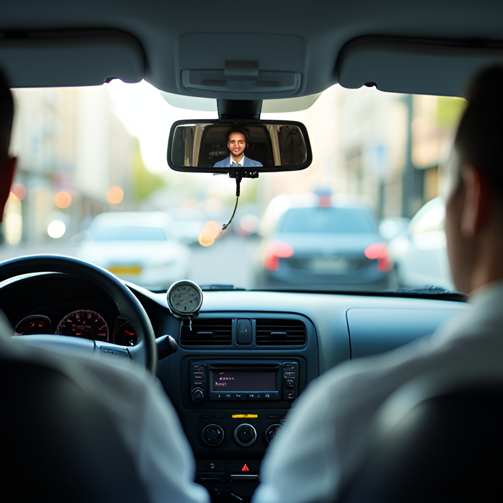 Close-up interior shot of a modern, clean taxi from the back seat perspective, showing the taximeter, a digital map on a smartphone mount, and a friendly, professional-looking driver in the foreground rearview mirror, soft focus on driver, sharp focus on interior details