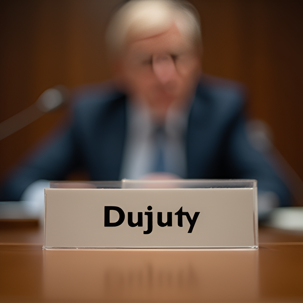A close-up, slightly abstract image focusing on a parliamentary desk nameplate with a blurred figure resembling a deputy in the background, representing the intersection of individual actions and institutional space in the context of the controversy.