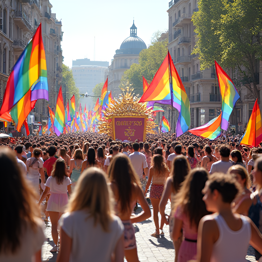 A dynamic shot of the Orgullo Madrid 2025 parade with colorful floats, people dancing in the street, and giant rainbow flags, focusing on the energy and movement of the event.