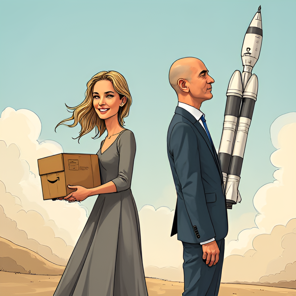 An illustrative image depicting the journey of Jeff Bezos with two distinct female figures representing his past (MacKenzie, perhaps with early Amazon boxes) and present (Lauren, perhaps with a Blue Origin rocket or at a public event), symbolizing the different phases of his life and the women who shared them.