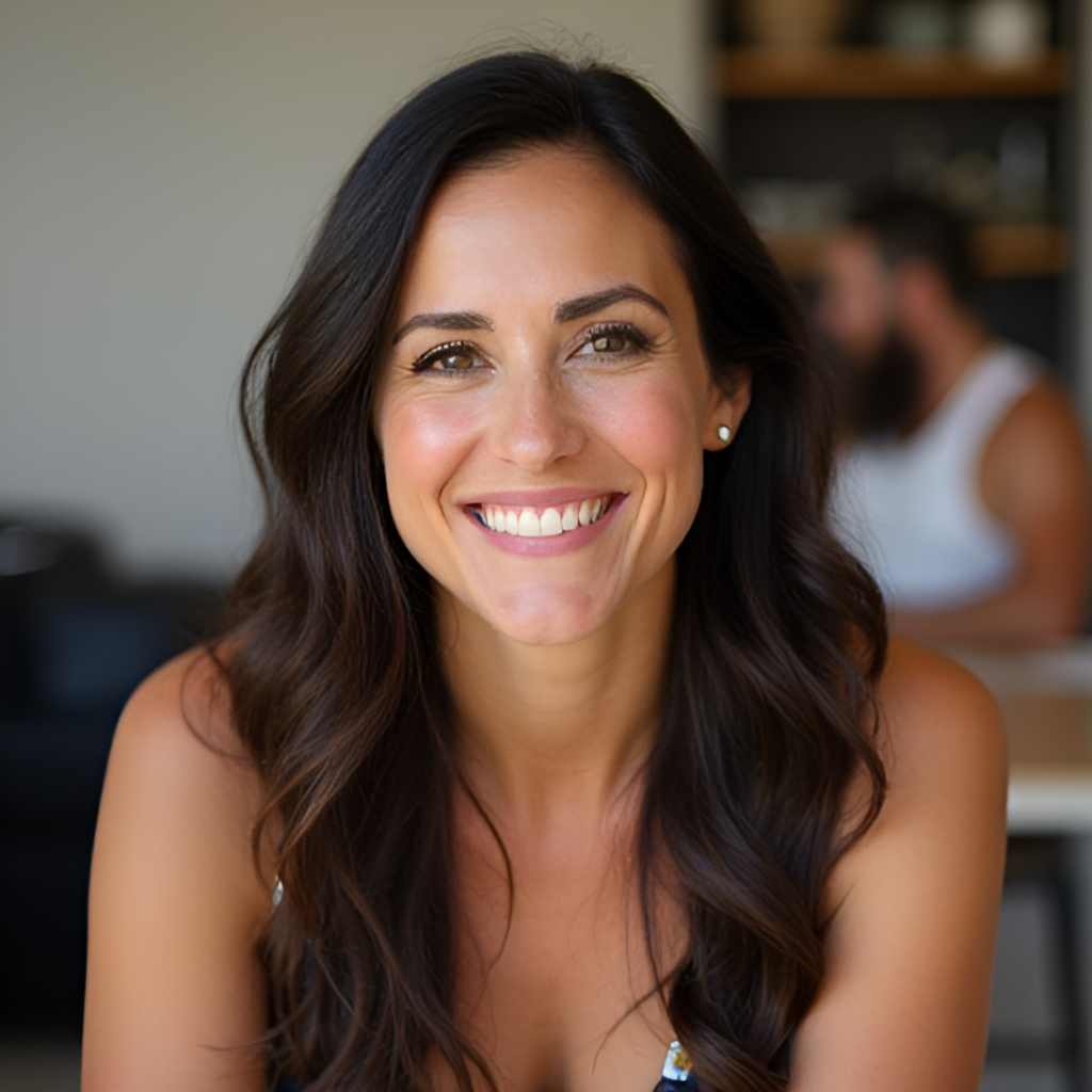 Portrait of Laura Sánchez with a warm, genuine smile, perhaps in a casual setting or at an event related to her business, conveying authenticity and approachability. Style: lifestyle portrait photography.