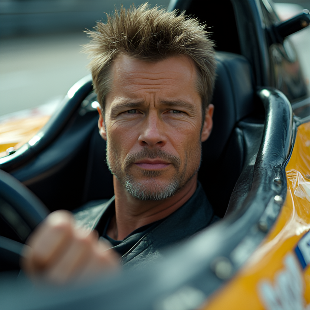 A close-up, dynamic shot of Brad Pitt as Sonny Hayes in the cockpit of a fictional F1 car, showing intense focus and the high-tech camera setup used for filming realistic driving scenes.
