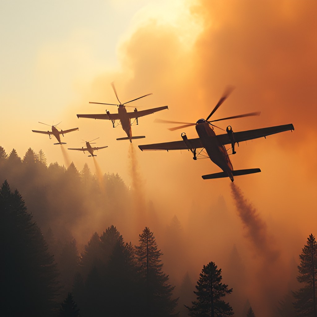 An aerial, semi-photorealistic illustration depicting multiple firefighting planes and helicopters dropping water on a large forest fire, with smoke rising in the background.