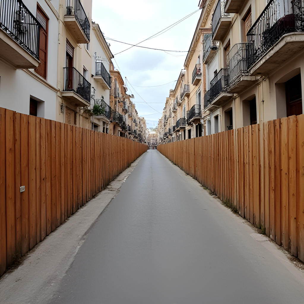 A more static, documentary-style photo showing the double-layered wooden fencing used to line the streets during an 'encierro' in a Spanish town, with a narrow gap between the fences for safety personnel. The street is empty, suggesting the preparation or aftermath of the event.