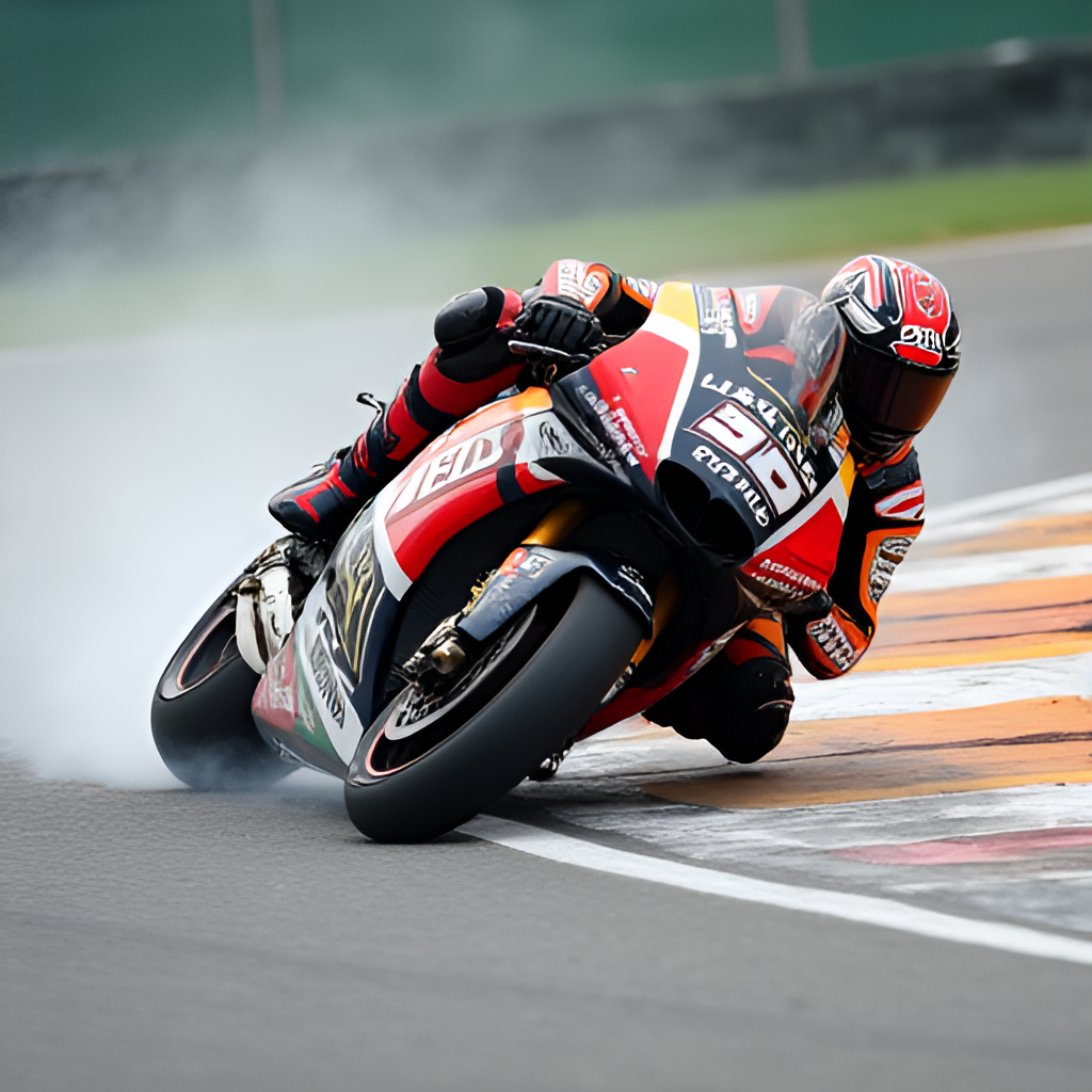A close-up, dynamic photo of a MotoGP bike leaning heavily into one of the famous left-hand corners at Sachsenring during a race, rider visible