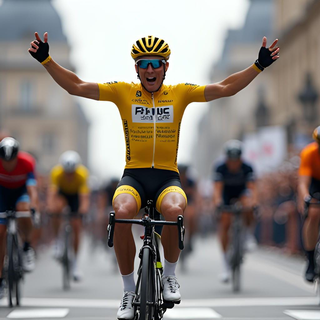 A close-up, impactful shot of a cyclist in a yellow jersey (maillot jaune) crossing the finish line with arms raised in victory, surrounded by blurred crowds and historical Parisian architecture in the background, conveying triumph and the essence of the Tour de France.