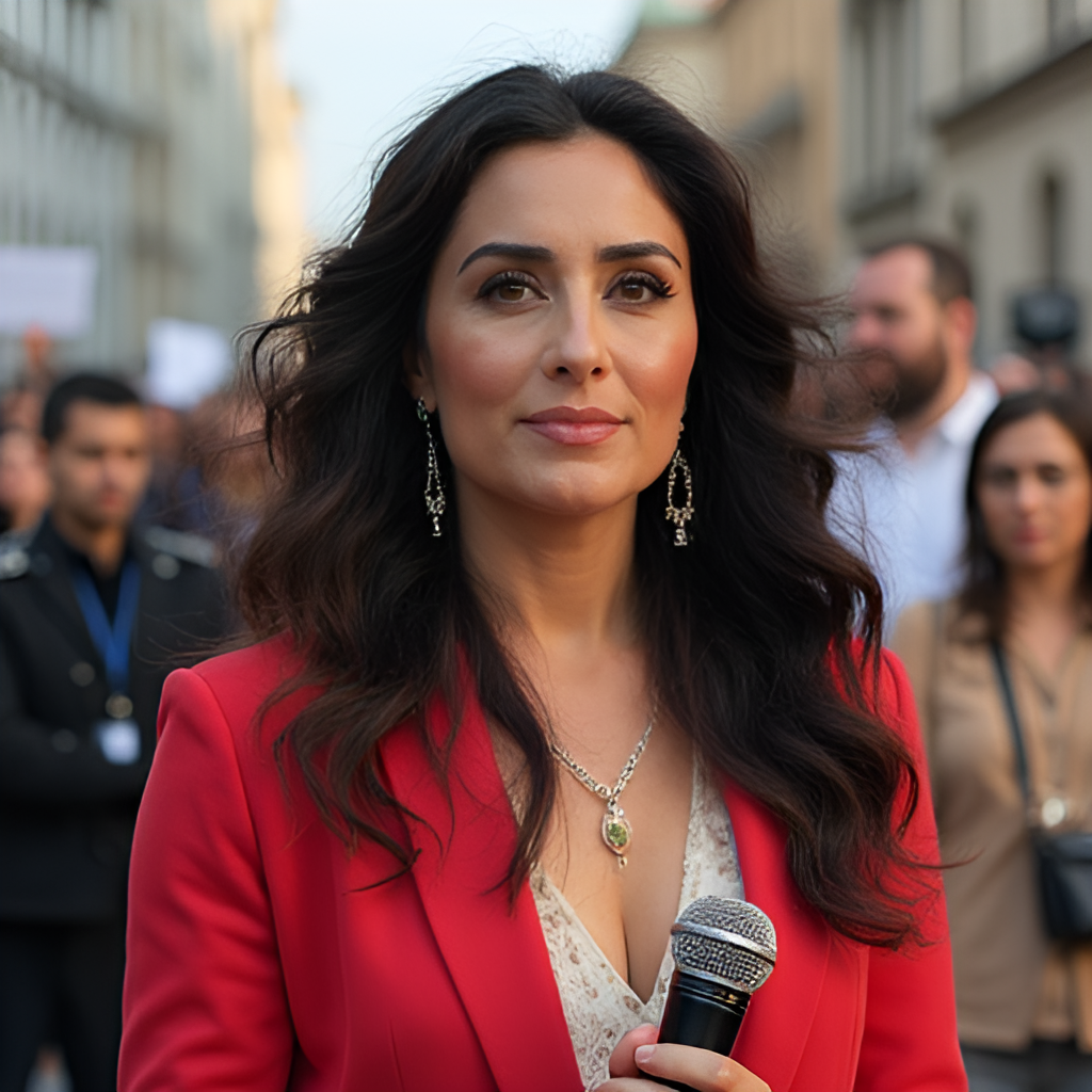A conceptual image illustrating Salma Hayek's multifaceted career, showing her in a split composition: one side representing her acting (e.g., film set, red carpet) and the other her activism (e.g., holding a microphone at a protest, advocating for women's rights), symbolizing her diverse impact.